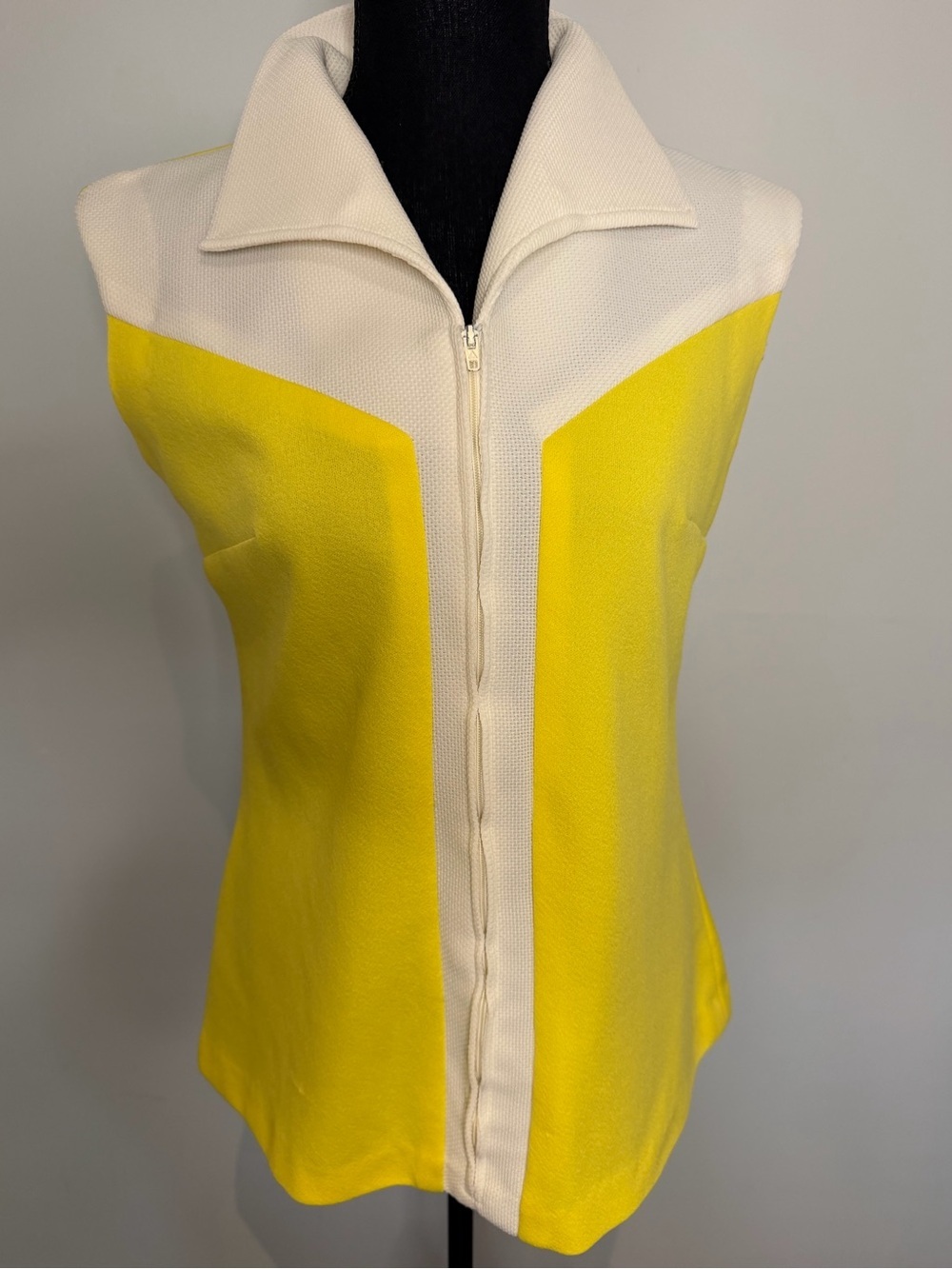 Vintage 1970s Flutterbye Mod Zip Top | Lemon Yellow Colorblock Sleeveless Knit